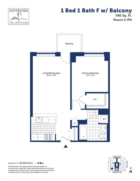 Floor plan for 1 bed, 1 bath, 780 sqft